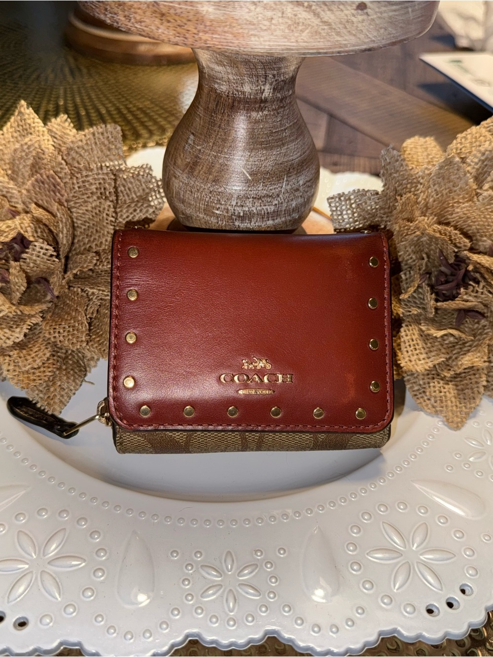 Coach Brown Leather & Signature Canvas Studded Wallet - Picture 7 of 7